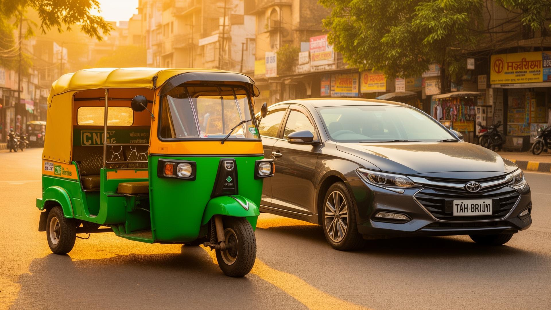 Auto Rickshaw and Car